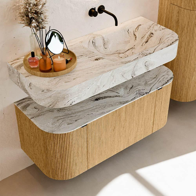 MONDIAZ THOR-DLUX 110cm badmeubel ronding links + rechts kleur Oak met 1 lade en 2 deuren. Vrijhangende wastafel CLOUD Rechts zonder kraangat kleur Glace.