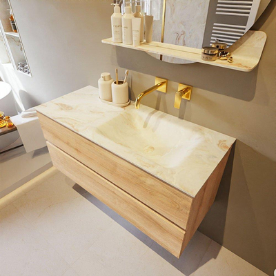 Mondiaz VICA-DLUX ensemble de meuble de salle de bain - 110cm - meuble sous-vasque chêne blanchi - 2 tiroirs - lavabo encastré cloud droite - sans trous de robinet - miroir modèle spot - version XL 60cm de haut - frappe