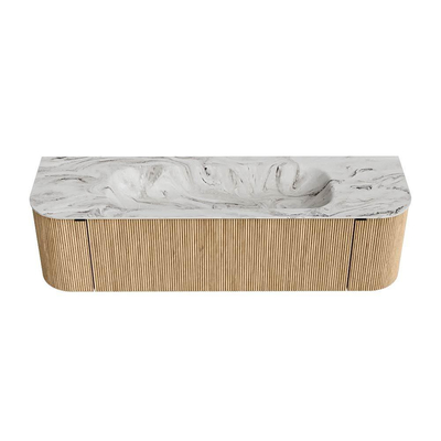 MONDIAZ KURVE-DLUX Meuble de salle de bains 160 cm avec module 25 Len R couleur Oak avec 1 tiroir et 2 portes. Lavabo BIG MEDIUM au centre 1 trou de robinet couleur Glace.