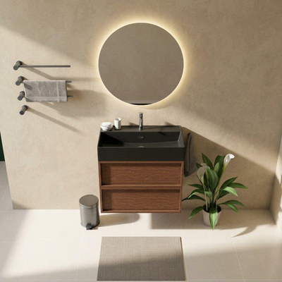 Ensemble meuble de salle de bains Saniclass Holz Frame - 80x45x72cm - lavabo Legend en céramique noir mat - 1 vasque - 1 trou de robinetterie - 2 tiroirs - noyer pure mat (bois)