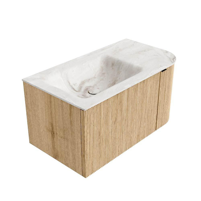 MONDIAZ KURVE-DLUX meuble de salle de bains 85cm avec module 25 R couleur Oak avec 1 tiroir et 1 porte. Lavabo CLOUD gauche sans trou de robinet couleur Frappe.