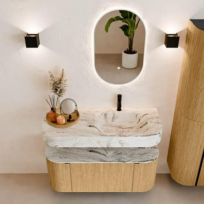 MONDIAZ THOR-DLUX 110cm badmeubel ronding links + rechts kleur Oak met 1 lade en 2 deuren. Vrijhangende wastafel CLOUD Rechts 1 kraangat kleur Glace.