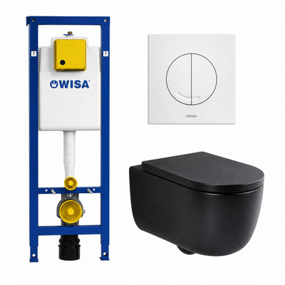 QeramiQ Dely Swirl Pack WC - 36.5x53cm - réservoir encastré Wisa XS - abattant mince - plaque de commande blanche - boutons ronds - noir mat