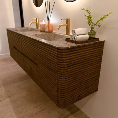 Mondiaz CIRO-DLUX Badkamermeubelset - 170x45x50cm - Solid surface wastafel Oza - 2 wasbak Dubbel - 2 kraangaten - 4 lades - Dusk