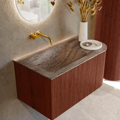 MONDIAZ KURVE-DLUX Meuble de salle de bains 85cm arrondi Droite couleur Ruby avec 1 tiroir et 1 porte. Lavabo CLOUD Gauche sans trou de robinet Oza.