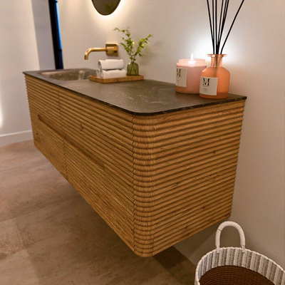 Mondiaz CIRO-DLUX Meuble de salle de bains - 140x45x50cm - lavabo solid surface Lava - 1 vasque à gauche - sans trous de robinet - 4 tiroirs - Chêne