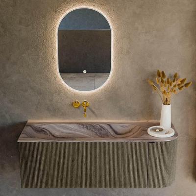 MONDIAZ KURVE-DLUX meuble de salle de bains 125cm arrondi Droit couleur Shadow avec 1 tiroir et 1 porte. Lavabo BIG MEDIUM Gauche sans trou de robinet Sombra.