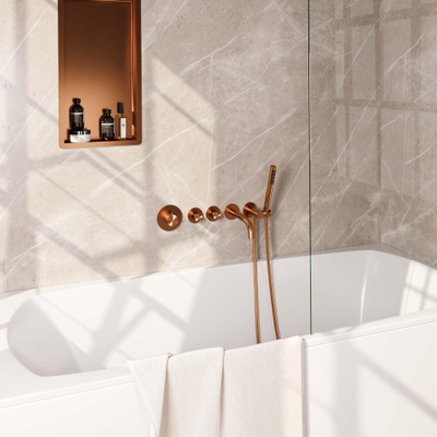 Robinet de baignoire encastré Brauer Copper Carving - ensemble de douche - sortie de 20 cm - avec partie encastrable - 3 boutons sculptés - douchette à main à 1 fonction - PVD - cuivre brossé