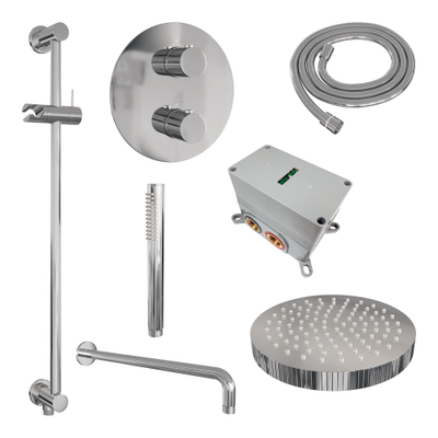 BRAUER Stripe Douche de pluie thermostatique encastrée - 3 voies - ronde - SET 44 - pomme de douche 25cm - bras mural courbé - douchette à main sur barre - flexible de douche - barre coulissante intégrée - chrome
