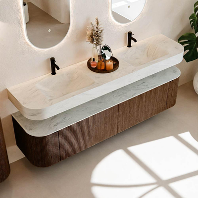 MONDIAZ THOR-DLUX Meuble de salle de bains 190cm arrondi gauche + droite couleur Walnut avec 2 tiroirs et 2 portes. Vasque suspendue CLOUD Double 2 trous de robinet couleur Opalo.