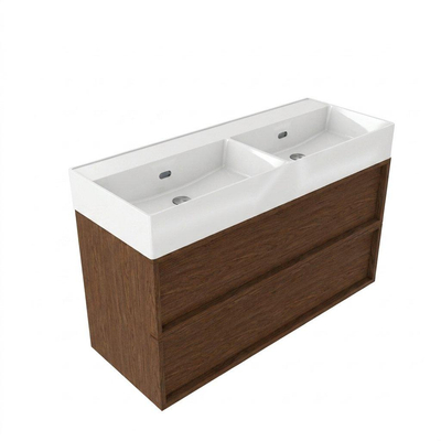 Saniclass Holz Frame Ensemble meuble de salle de bains - 120x45x72cm - Legend lavabo en céramique blanc - 2 vasques - sans trous de robinetterie - 2 tiroirs - noyer pure mat (bois)