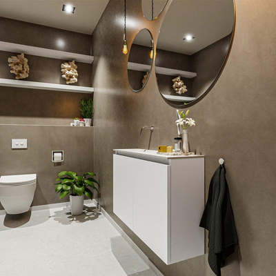 MONDIAZ TURE Kit lave-mains - 80x23x50cm - 0 trous de robinet - 2 portes - talc mat - Lavabo à gauche - Solid Surface Blanc