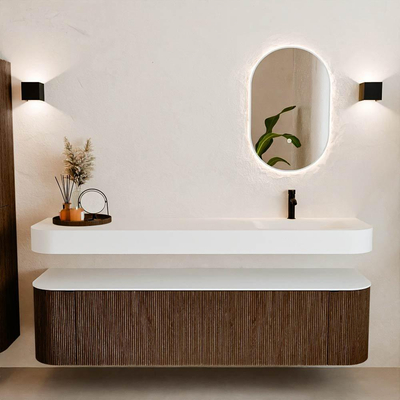 MONDIAZ THOR 180cm meuble de salle de bains arrondi gauche + droite couleur Walnut avec 2 tiroirs et 2 portes. Vasque suspendue CLOUD Droite 1 trou de robinet couleur Talc.