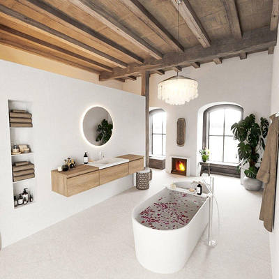 MONDIAZ BUKLA 200cm ensemble de meuble avec module 60 couleur Chêne blanchi avec 3 tiroirs. Lavabo CLOUD milieu 1 trou de robinet couleur Talc.