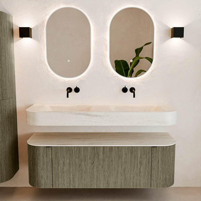 MONDIAZ THOR-DLUX 140cm badmeubel ronding links + rechts kleur Shadow met 1 lade en 2 deuren. Vrijhangende wastafel CLOUD Dubbel zonder kraangat kleur Meli.