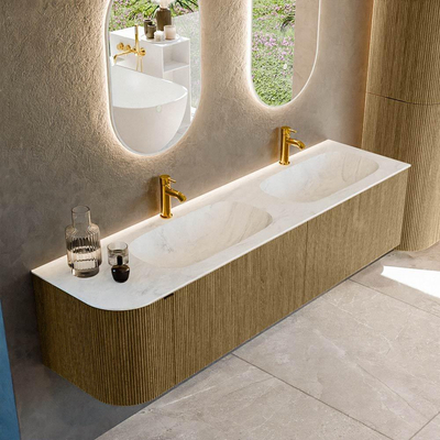 Mondiaz KURVE-DLUX Badkamermeubelset - 175x46x40cm - 2 lade - 1 deur - wastafel solid surface - dubbel / rechts - 2 kraangaten - Dusk