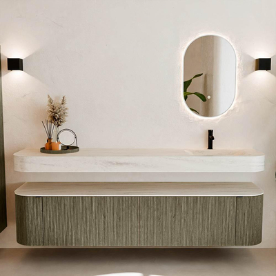 MONDIAZ THOR-DLUX 200cm meuble de salle de bains arrondi gauche + droite couleur Shadow avec 2 tiroirs et 2 portes. Vasque suspendue CLOUD Droite 1 trou de robinet couleur Meli.