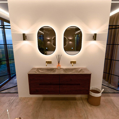 Mondiaz CIRO-DLUX Meuble de salle de bains - 140x45x50cm - Vasque solid surface Oza - 2 vasques Double - sans trous de robinet - 4 tiroirs - Ruby