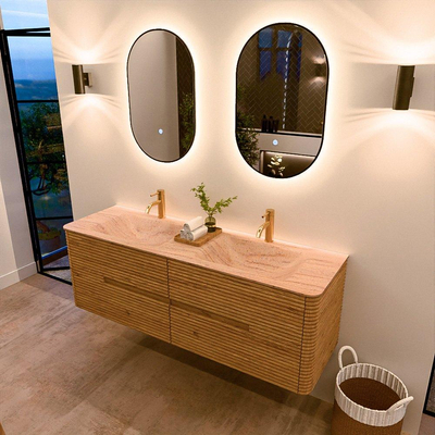 Mondiaz CIRO-DLUX Badkamermeubelset - 150x45x50cm - Solid surface wastafel Saba - 2 wasbak Dubbel - 2 kraangaten - 4 lades - Oak