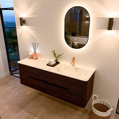 Mondiaz CIRO-DLUX Ensemble de meubles de salle de bains - 150x45x50cm - Plan vasque Solid surface Ostra - 1 lavabo à droite - 1 trou de robinet - 4 tiroirs - Noyer