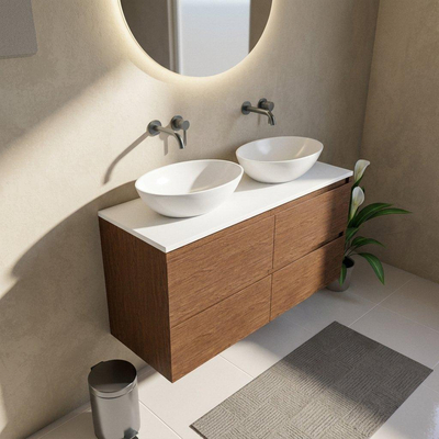 Saniclass Holz Pure Ensemble de meubles de salle de bains - 120x45x62.5cm - Plan de toilette Torino en solid surface blanc - sans trou de robinet - 4 tiroirs - walnut pure mat (bois)