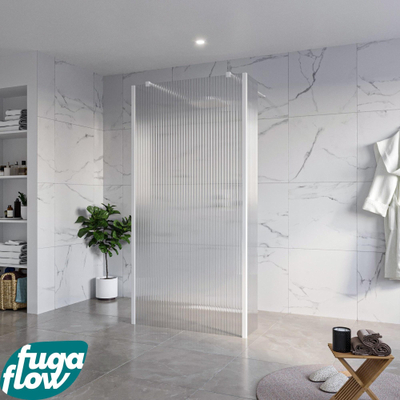 FugaFlow Eccelente Vetro Douche à l'italienne - 100x200cm - verre clair nervuré - anticalcaire - verre de sécurité 8mm - 2 parois latérales 40cm - avec bras muraux et profilés d'angle - Blanc mat