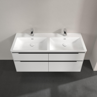 Villeroy & boch subway 3.0 meuble 130x55x45cm avec poignée noire volcano 2 siphons à gauche et à droite panneau de particules blanc pur