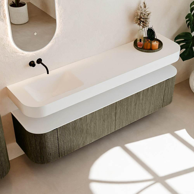 MONDIAZ THOR Meuble de salle de bains 190cm arrondi gauche + droite couleur Shadow avec 2 tiroirs et 2 portes. Vasque suspendue CLOUD gauche sans trou de robinet couleur Talc.