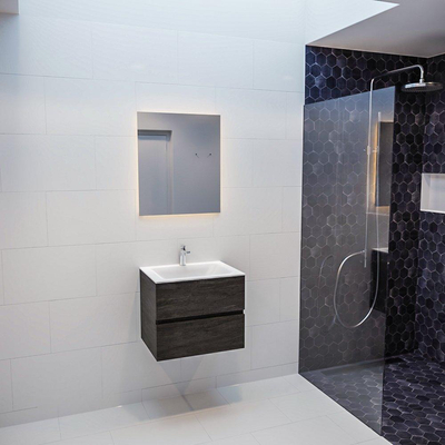 MONDIAZ VICA Ensemble de meuble salle de bain - 60cm - 2 tiroirs - lavabo Cloud central - 1 trou de robinet - solid surface marron foncé