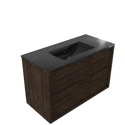 Saniclass Holz Frame Ensemble de meubles de salle de bains - 100x45x62cm - Vygo lavabo en céramique noir - 1 vasque - sans trou de robinet - 2 tiroirs - chêne charcoal mat (bois)
