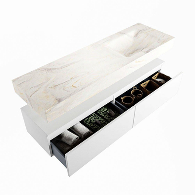 Mondiaz ALAN-DLUX Ensemble de meuble - 150cm - meuble Talc mat - 2 tiroirs - Lavabo Cloud Ostra suspendu - vasque Droite - 0 trous de robinet