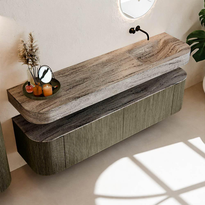 MONDIAZ THOR-DLUX Meuble de salle de bains - 180cm - arrondi gauche + droite - couleur Shadow - 2 tiroirs et 2 portes - Vasque suspendue CLOUD droite sans trou de robinet - couleur Oza