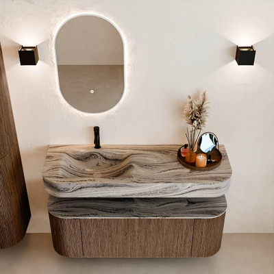MONDIAZ THOR-DLUX 130cm badmeubel ronding links + rechts kleur Walnut met 1 lade en 2 deuren. Vrijhangende wastafel CLOUD Links 1 kraangat kleur Sombra.