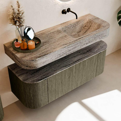 MONDIAZ THOR-DLUX Meuble de salle de bains 130cm arrondi gauche + droite couleur Shadow avec 1 tiroir et 2 portes. Vasque suspendue CLOUD Droite sans trou de robinet couleur Oza.