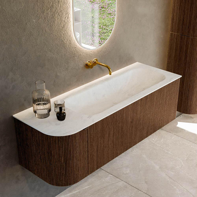 MONDIAZ KURVE-DLUX 135cm badmeubel met module 25 L kleur Walnut met 1 lade en 1 deur. Wastafel BIG MEDIUM rechts zonder kraangat kleur Opalo.