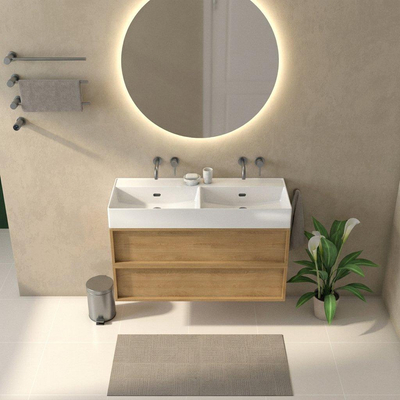 Saniclass Holz Frame Ensemble de meubles de salle de bains - 120x45x72cm - Legend lavabo en céramique blanc - 2 vasques - sans trous de robinetterie - 2 tiroirs - chêne natural mat (bois)
