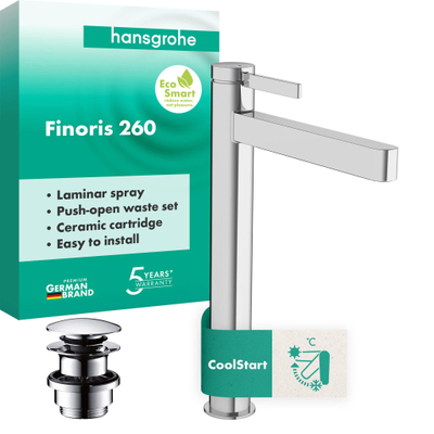 Hansgrohe Finoris eengreeps wastafelmengkraan 260 CoolStart voor waskom met Push Open afvoer chroom