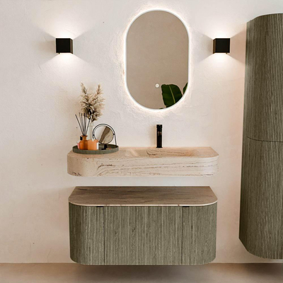 MONDIAZ THOR-DLUX 100cm meuble de salle de bains arrondi gauche + droite couleur Shadow avec 1 tiroir et 2 portes. Vasque suspendue CLOUD Droite 1 trou de robinet couleur Arena.