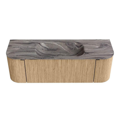 MONDIAZ KURVE-DLUX 140cm badmeubel ronding Links + Rechts kleur Oak met 1 lade en 2 deuren. Wastafel BIG SMALL Midden zonder kraangat Sombra.