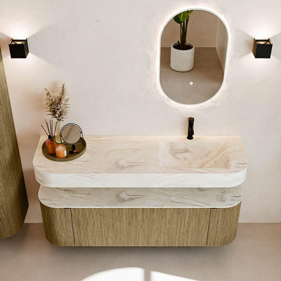 MONDIAZ THOR-DLUX 150cm badmeubel ronding links + rechts kleur Dusk met 1 lade en 2 deuren. Vrijhangende wastafel CLOUD Rechts 1 kraangat kleur Ostra.