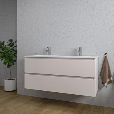 Saniclass Chaci Ensemble meuble de salle de bains - 120x46x55cm - lavabo en céramique blanc - 2 vasques - 2 trous de robinet - 2 tiroirs - cotton mat (beige)