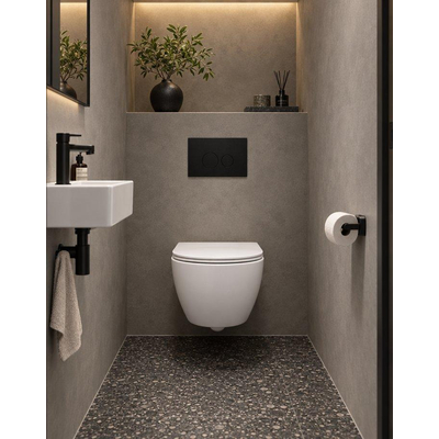 QeramiQ Dely Swirl Ensemble WC Compact - réservoir encastré QeramiQ flush - abattant fin - plaque de commande en plastique plastique noir mat - boutons ronds - blanc mat