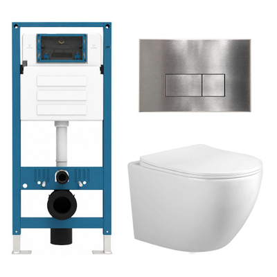 Adema Salina 2.0 Toiletset - 48.5x36x32cm - diepspoel - spoelrandloos - QeramiQ inbouwreservoir - softclose - quickrelease - toiletzitting - RVS metalen bedieningsplaat - rechthoekige knoppen - wit