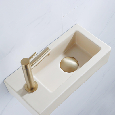 QeramiQ Lave-mains Kit lave-mains - 37.5x18.5x9cm - céramique - trou de robinet gauche - robinet lave-mains en laiton brossé - bonde de vidage - siphon abaissé - Mat Beige