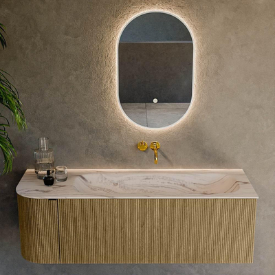 MONDIAZ KURVE-DLUX Meuble de salle de bains 135cm arrondi à gauche couleur Dusk avec 1 tiroir et 1 porte. Lavabo BIG MEDIUM à droite sans trou de robinetterie Nata.