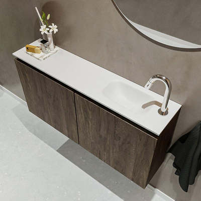 MONDIAZ TURE Toiletmeubel 100x23x50cm met 1 kraangaten 2 deuren dark brown mat Wastafel Eden rechts Solid Surface Wit