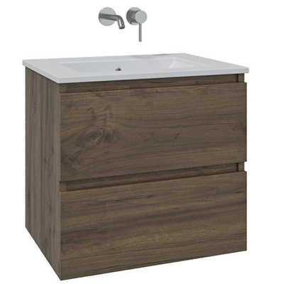 Saniclass Chaci Ensemble meuble de salle de bains - 80x46x55cm - lavabo en céramique blanc - 1 vasque - sans trous de robinet - 2 tiroirs - noyer (bois)