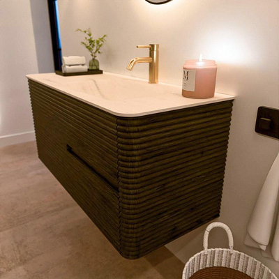 Mondiaz CIRO-DLUX Badkamermeubelset - 110x45x50cm - Solid surface wastafel Meli - 1 wasbak Rechts - 1 kraangat - 2 lades - Shadow