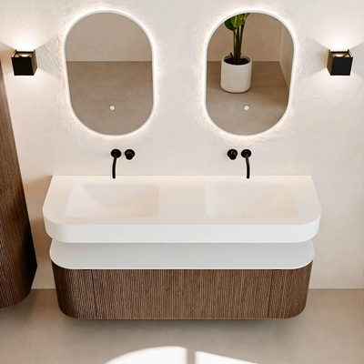 MONDIAZ THOR 150cm meuble de salle de bains arrondi gauche + droite couleur Walnut avec 1 tiroir et 2 portes. Vasque suspendue CLOUD Double sans trou de robinet couleur Talc.