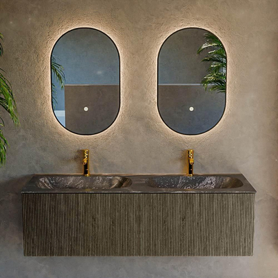 Ensemble de meuble de salle de bain Mondiaz KURVE-DLUX - 140x46x40cm - 2 tiroirs - lavabo en solid surface - double - 2 trous de robinet - Shadow